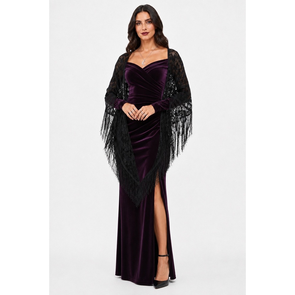 Vintage Baar & Beards Black Metallic Lace Fringe Shawl Wrap Goth Chic NEW 114–06